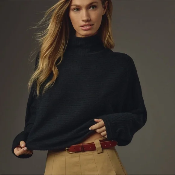 Anthropologie Pilcro Cozy Ribbed Turtleneck Batwing Pullover Black Sweater Top - Picture 2 of 9